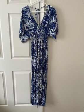 Lovestitch Blue White Tropical Print Maxi Dress Size S/M
